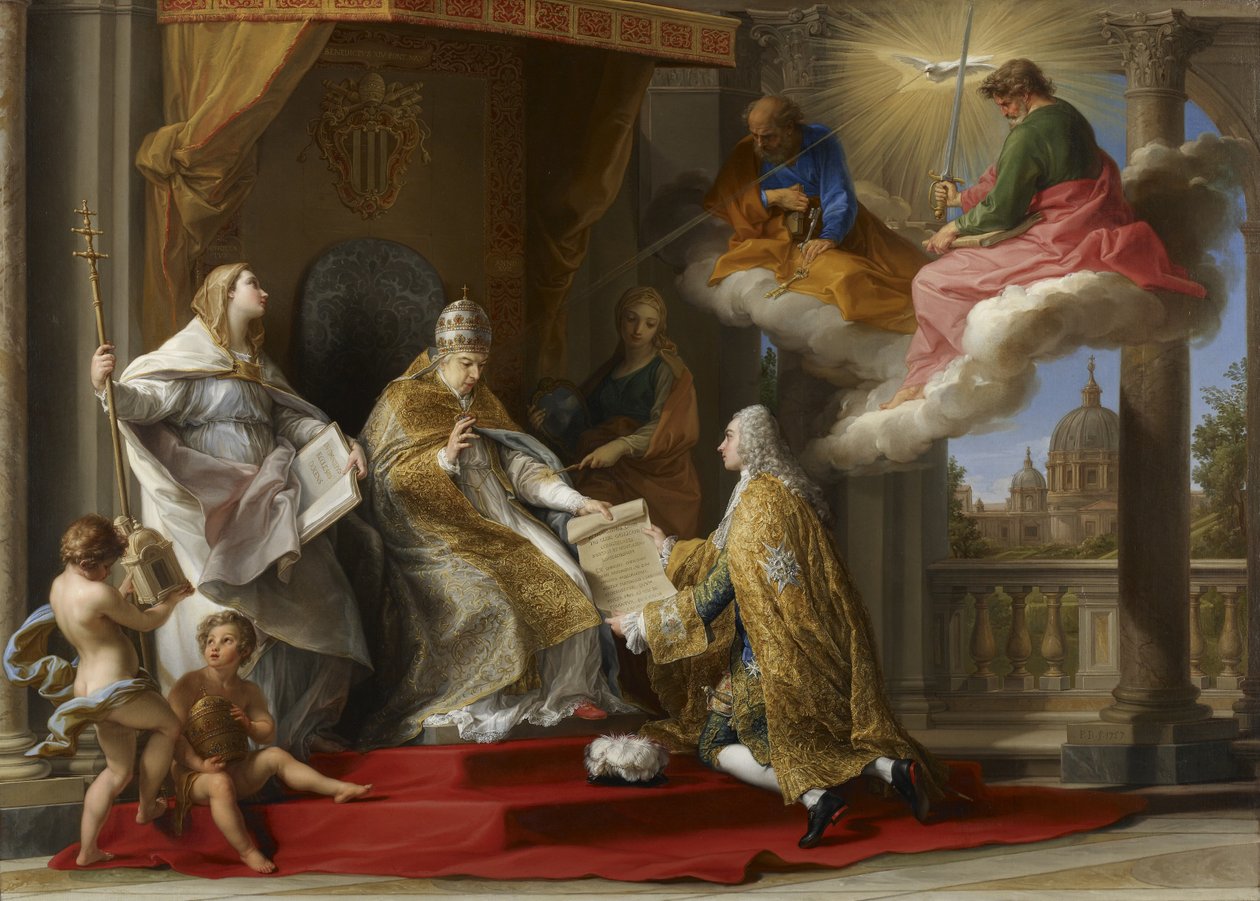 Papež Benedikt XIV. předává encykliku „Ex Omnibus“ hraběti de Stainville, později vévodovi de Choiseul, 1757 od Pompeo Girolamo Batoni