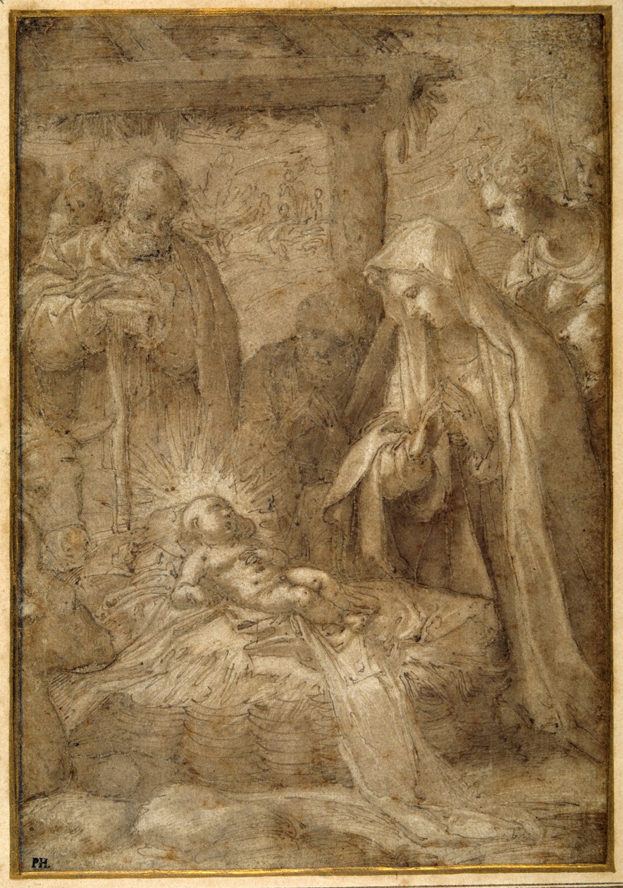 Klanění pastýřů (kovová jehla, pero a inkoust s mytím a kvašem na papíře) od Pompeo (fl.1569 71) (attr. to) Cesura