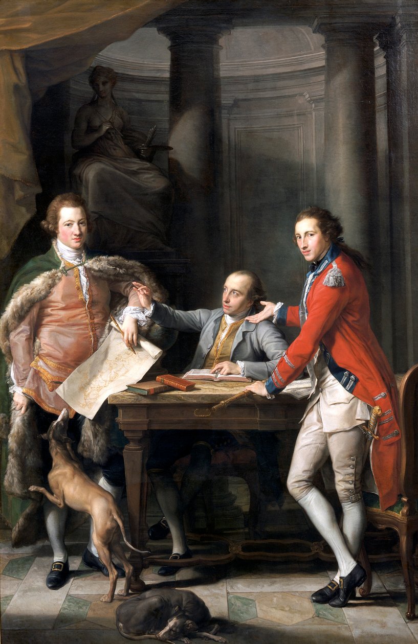 "Sir Watkin Williams Wynn, Thomas Apperley a kapitán Edward Hamilton", 1768-72 od Pompeo Batoni