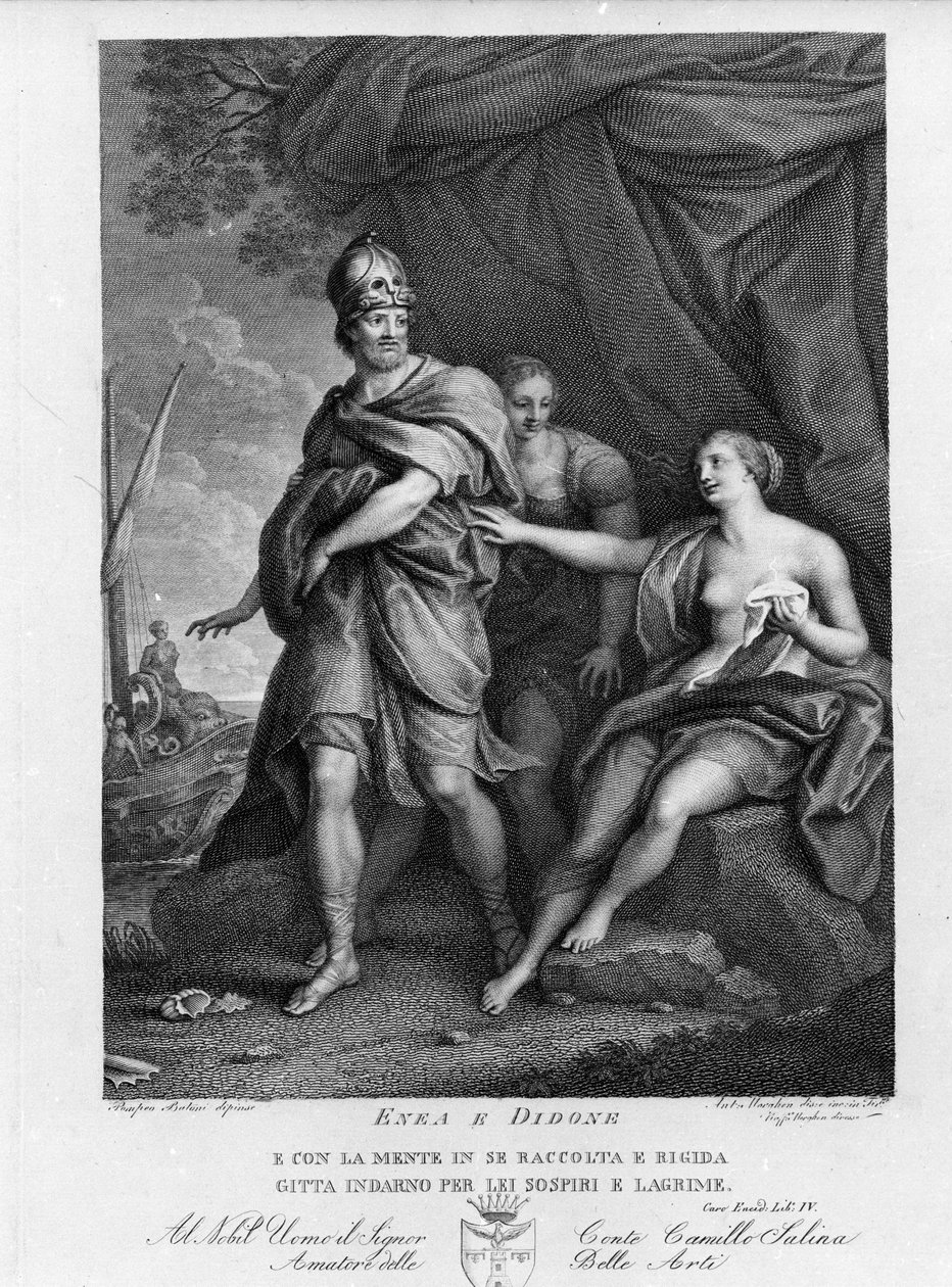 Eneide de Virgil (70 př. n. l. – 19 př. n. l.), kniha IV, trojští hrdinové Enee opouští Didon, která zoufale spáchala sebevraždu. Rytina podle obrazu Pompea Batoniho (1708-1787) od Pompeo Girolamo (after) Batoni