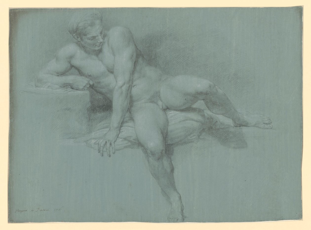 Studie aktu ležícího mužského modelu, opírajícího se levým ramenem před tělem od Pompeo Girolamo Batoni