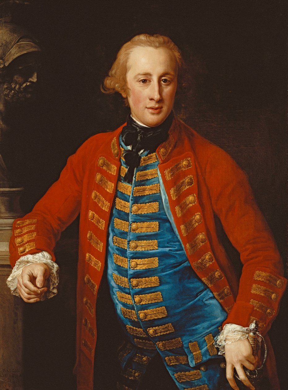 Portrét důstojníka kavalérie ve vycházkových šatech, tříčtvrteční, opřený o podstavec u busty Marsu, 1774 od Pompeo Girolamo Batoni