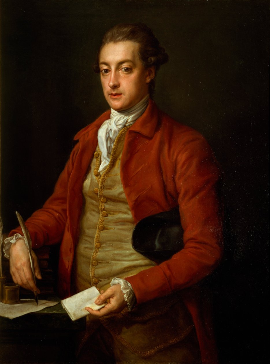 Portrét Hon. Lionel Damer, poloviční délka v červeném kabátě s šedou vestou a bílou kravatou, držící papír a brk (olej na plátně) od Pompeo Girolamo Batoni