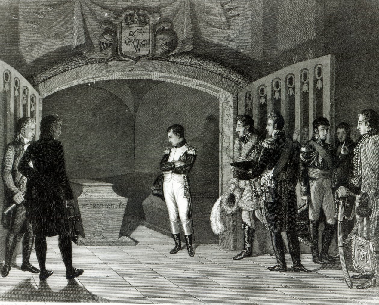 Napoleon meditující před hrobkou Fridricha II Pruského v kryptě Garnisonkirche v Postupimi, kolem roku 1810 od Ponce Camus. Marie Nicholas