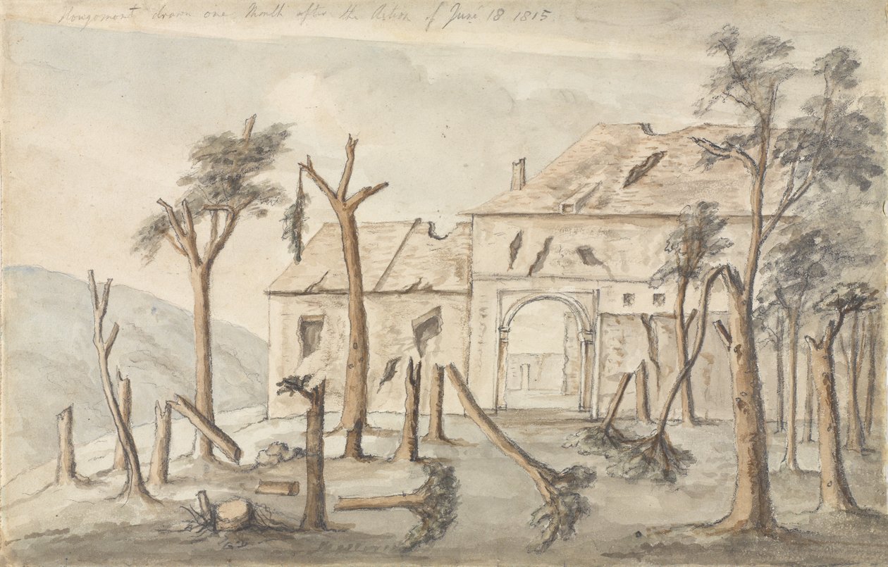 Hougoumont nakreslený měsíc po akci z 18. června 1815, července 1815 (tužka a wc na papíře) od Ponsonby