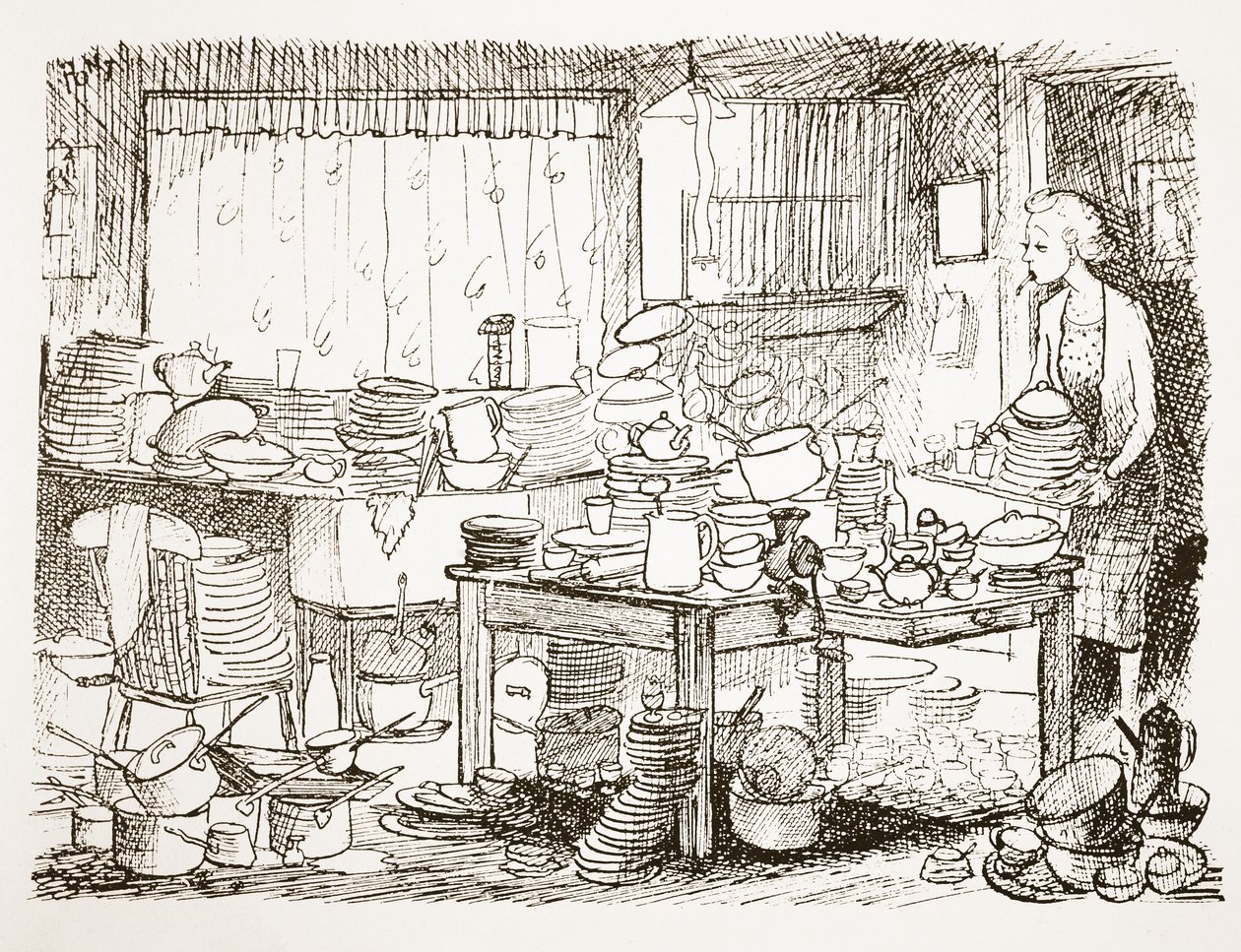 Tendence nechat mytí nádobí na později, ilustrace z „Pont: Výpověď o životě a díle velkého umělce Punch“ od Pont