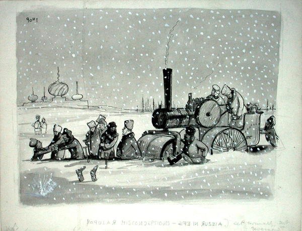 Populární mylné představy: Život v Rusku, ilustrace z Punch, publikovaná 27. prosince 1939 (pero, inkoust, monochromatický akvarel a tělová barva na papíře) od Pont