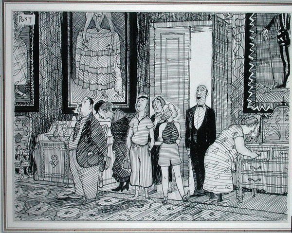 Britská postava: velký zájem o historické domy, ilustrace z Punch, publikovaná 8. července 1936 (pero a inkoust na papíře) od Pont