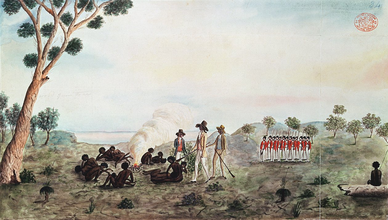 Pan White, Harris a Laing se skupinou vojáků na návštěvě Botany Bay Colebee na tomto místě, když byl zraněn poblíž Botany Bay, kolem roku 1790 od Port Jackson Painter