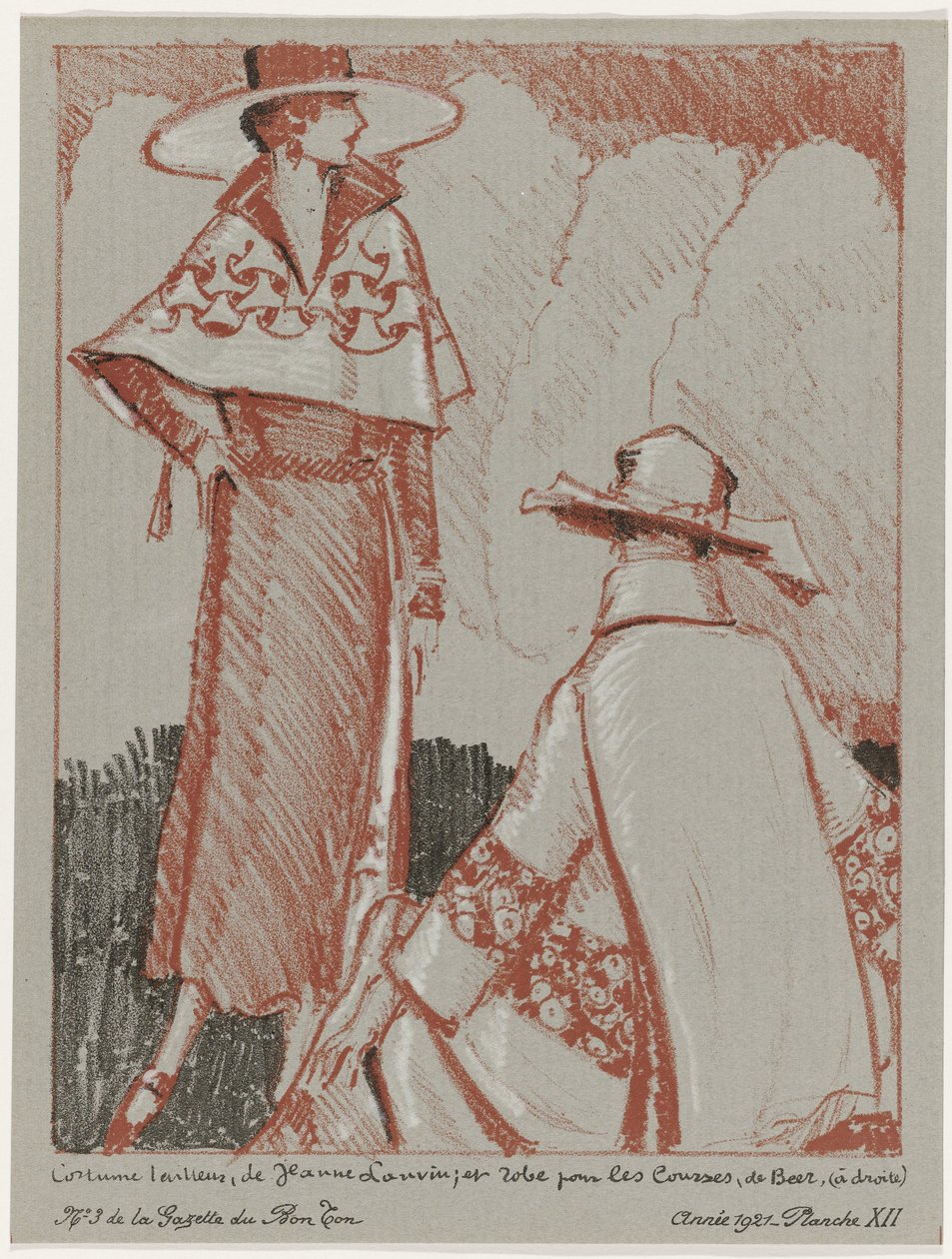 Gazette du Bon Ton, 1921 - č. 3, Pl. XII: Oblek na míru, Jeanne Lanvin; a šaty na nákupy, de Beer (název na objektu) od Porter Woodruff
