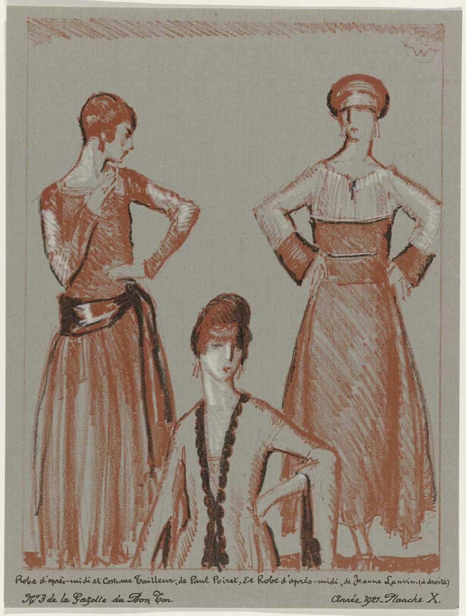 Gazette du Bon Ton, 1921 - č. 3, Pl. X: Odpolední šaty a oblek na míru, Paul Poiret, a odpolední šaty, Jeanne Lanvin (název na objektu) od Porter Woodruff