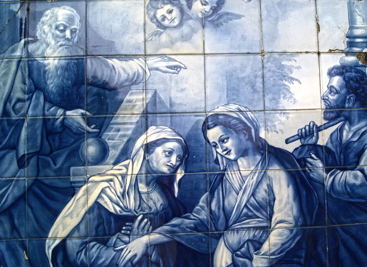 Dekorativní panel zobrazující Mary a Joseph přijíždějící do Inn, Lamego, Portugalsko. 1738 (keramické dlaždice) od Portuguese School