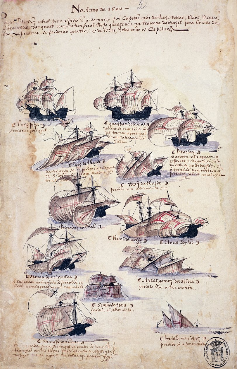 Pedro Alvares Cabral (asi 1467-1520) Příchod do Brazílie v roce 1500 z „Libro dea Armadas“ od Portuguese School