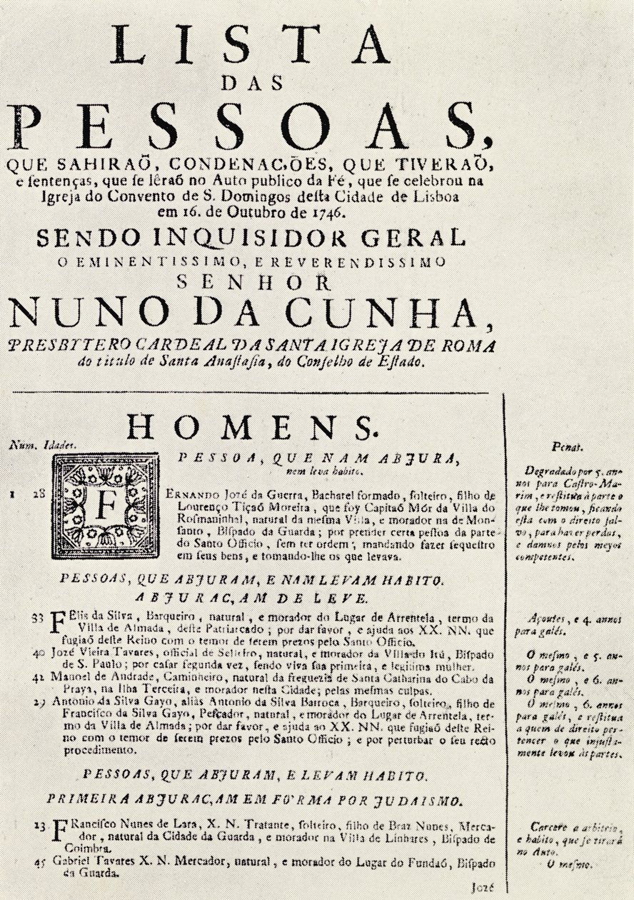 Program pro Auto da Fe v Lisabonu, 1746, z knihy "The Spanish Inquisition" od Cecila Rotha, vydané v roce 1937. od Portuguese School