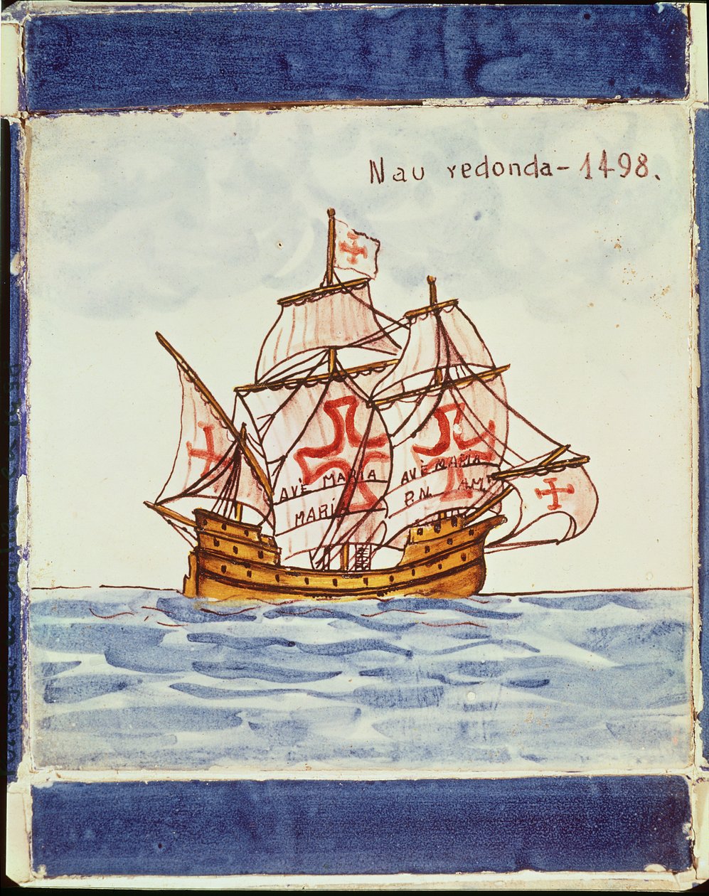 Deska Azulejos zobrazující loď, ze Sagres, 1498 (keramika) od Portuguese School