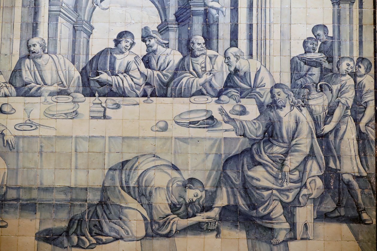 Kostel milosrdenství. Azulejos. Ježíš je pomazán hříšnou ženou v Lukáši 7:36-50. Evora. Portugalsko. od Portuguese School