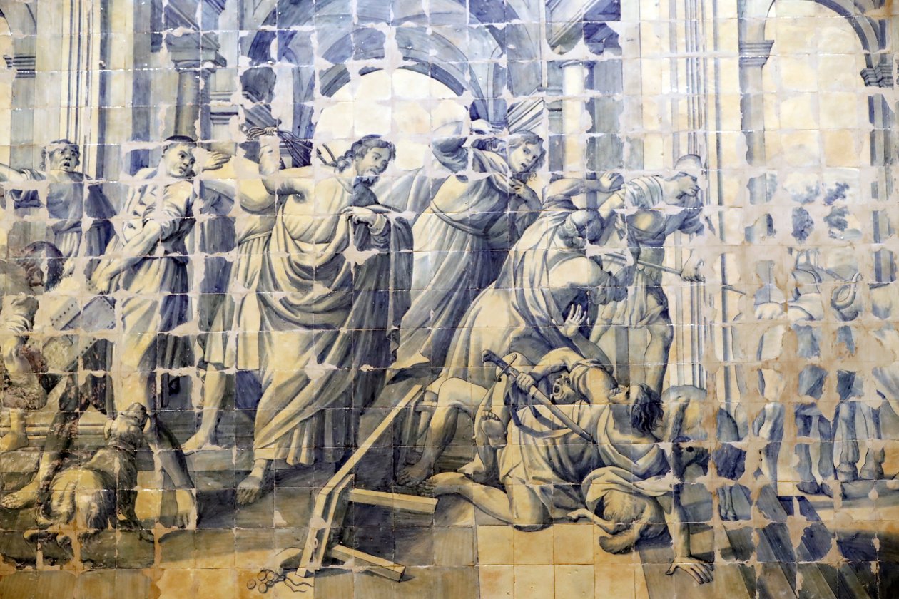Kostel milosrdenství. Azulejos. Příběh o čištění chrámu. Ježíš. Evora. Portugalsko. od Portuguese School
