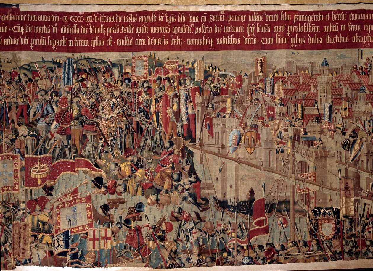Conquete of Africa: “” Zajetí Asilah (Arzila) v Maroku v roce 1471 portugalským loďstvem””” Fragment tapisérie portugalské školy 16. století. Lisabon, Národní muzeum starověkého umění od Portuguese School