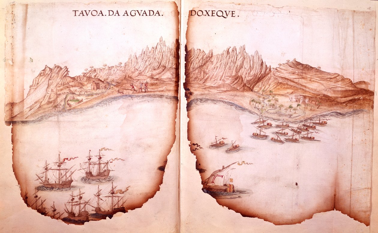 Cotton Tiberius D. IX, ff.11v-12 Pohled na Aguadu, ilustrace z 