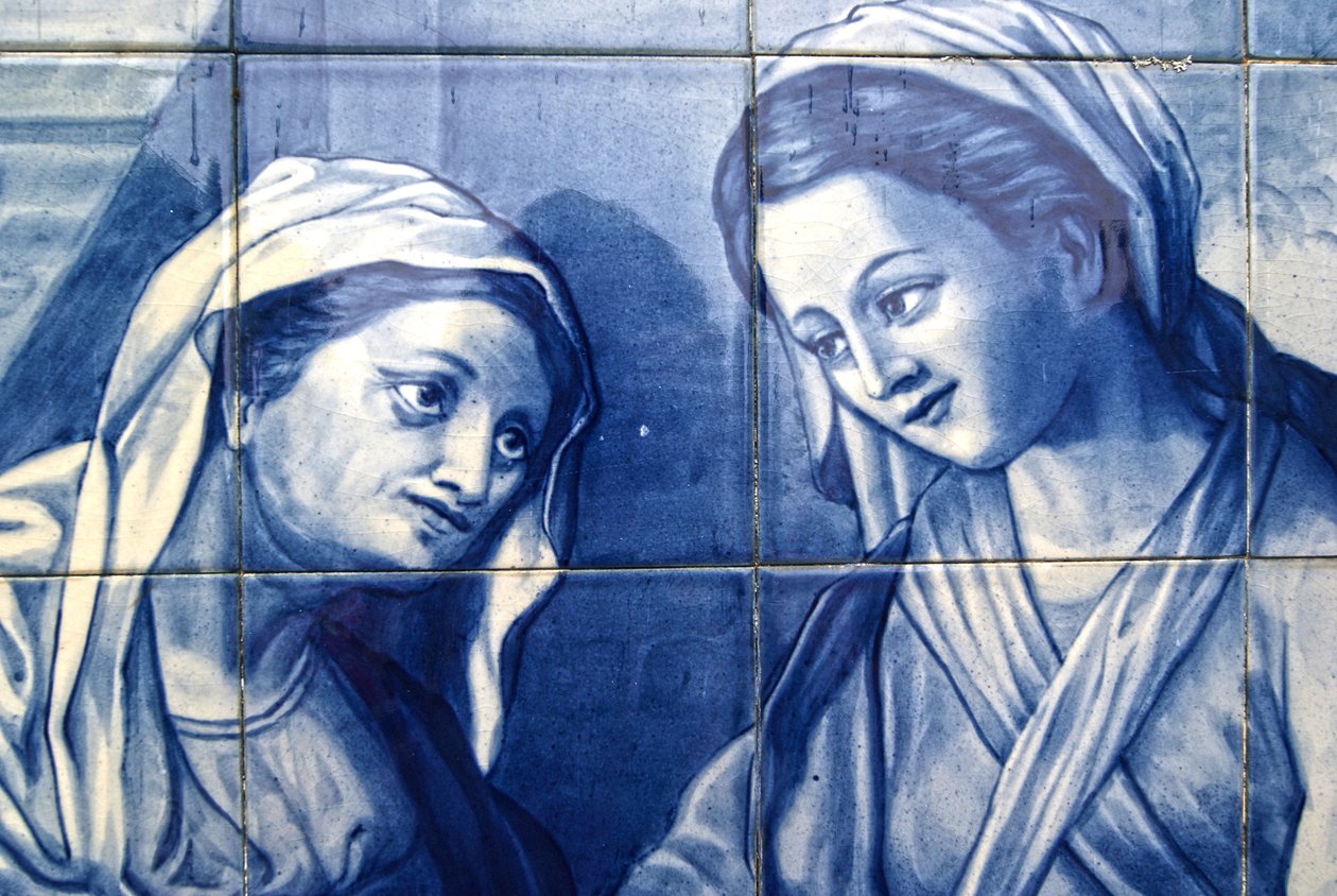 Detail Mary setkání s manželkou hostinského, Dekorativní panel zobrazující Mary a Josepha přijíždějící do Inn, Lamego, Portugalsko. 1738 (keramické dlaždice) od Portuguese School