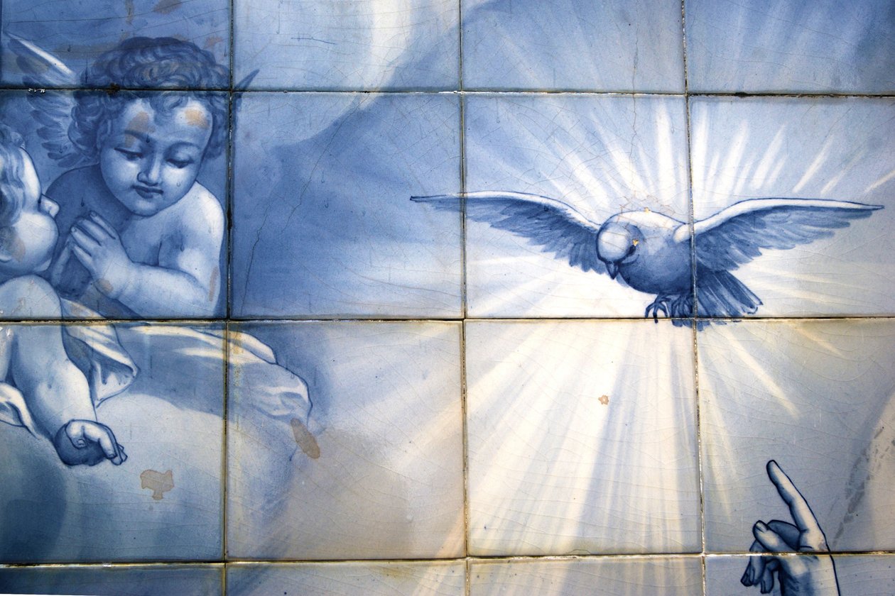 Detail archanděla Gabriela ukazujícího na holubici, dekorativní panel zobrazující Zvěstování, Lamego, Portugalsko. 1738 (keramické dlaždice) od Portuguese School