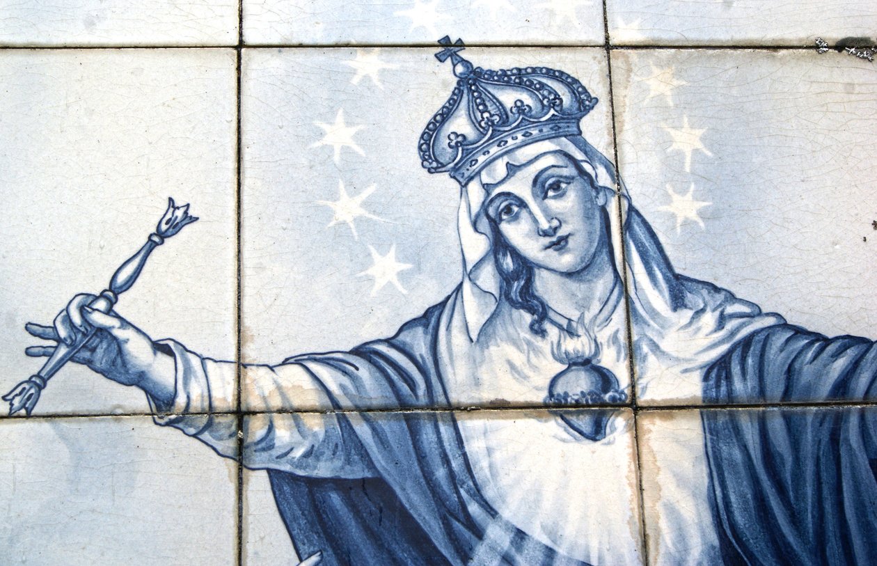 Detail Panny Marie z dekorativního panelu znázorňujícího její drcení hada, Lamego, Portugalsko. 1738 (keramické dlaždice) od Portuguese School