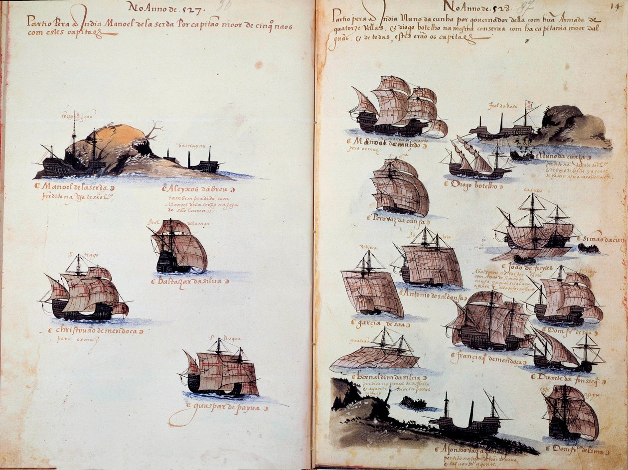 Rukopisná strana „“ Památníky portugalských armád za krále Manuela I. (1469-1521)““ představující portugalská loďstva. 1523 B.N. Paříž od Portuguese School