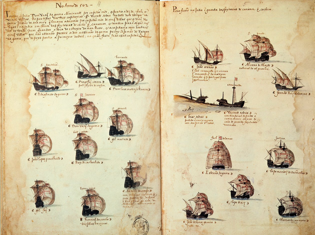 Rukopisná strana „“ Památníky portugalských armád za krále Manuela I. (1469-1521)““ představující portugalská loďstva. 1533 B.N. Paříž od Portuguese School