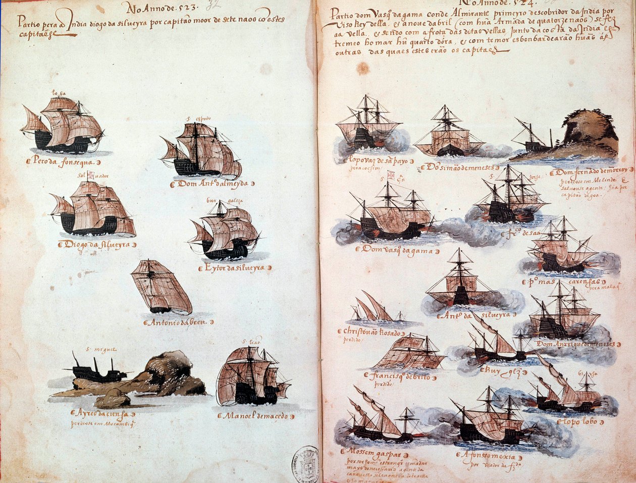 Rukopisná strana „“ Památníky portugalských armád za krále Manuela I. (1469-1521)““ představující portugalská loďstva. 1523 B.N. Paříž od Portuguese School