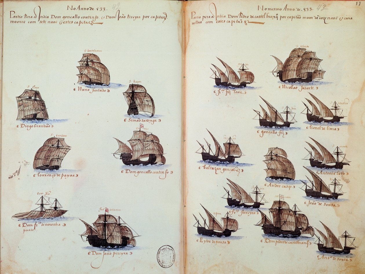 Rukopisná stránka „“ Památníky portugalských armád za krále Manuela I. (1469-1521)““ představující portugalská loďstva od Portuguese School