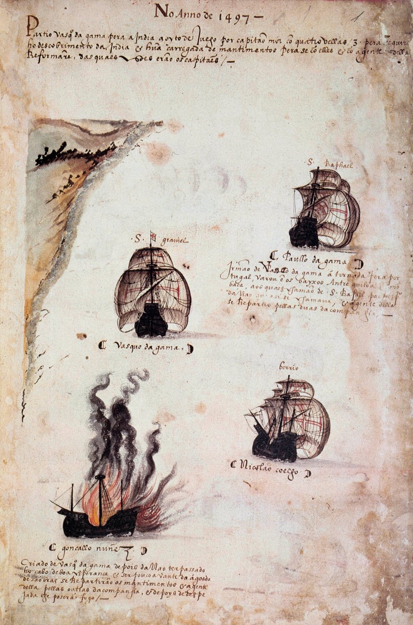Rukopisná strana „“ Památníky portugalských armád za krále Manuela I. (1469-1521)““ představující portugalská loďstva roku 1497. 1523 B.N. Paříž od Portuguese School