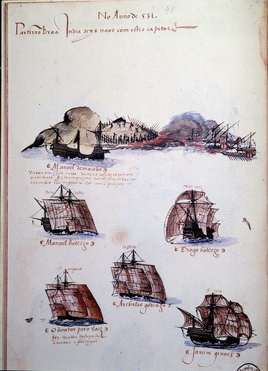 Rukopisná strana „“ Vzpomínky na portugalskou armádu za krále Manuela I. (1469-1521)“ představující portugalské loďstvo roku 1497. 1500 Lisabon, Národní muzeum antického umění od Portuguese School