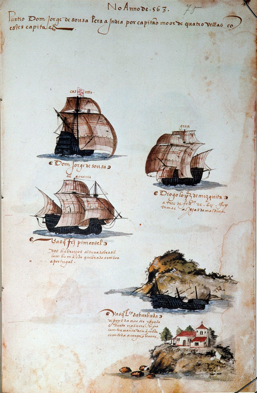 Rukopisná strana „“ Vzpomínky na portugalskou armádu za krále Manuela I. (1469-1521)“ představující portugalské loďstvo roku 1497. 1500 Lisabon, Národní muzeum antického umění od Portuguese School