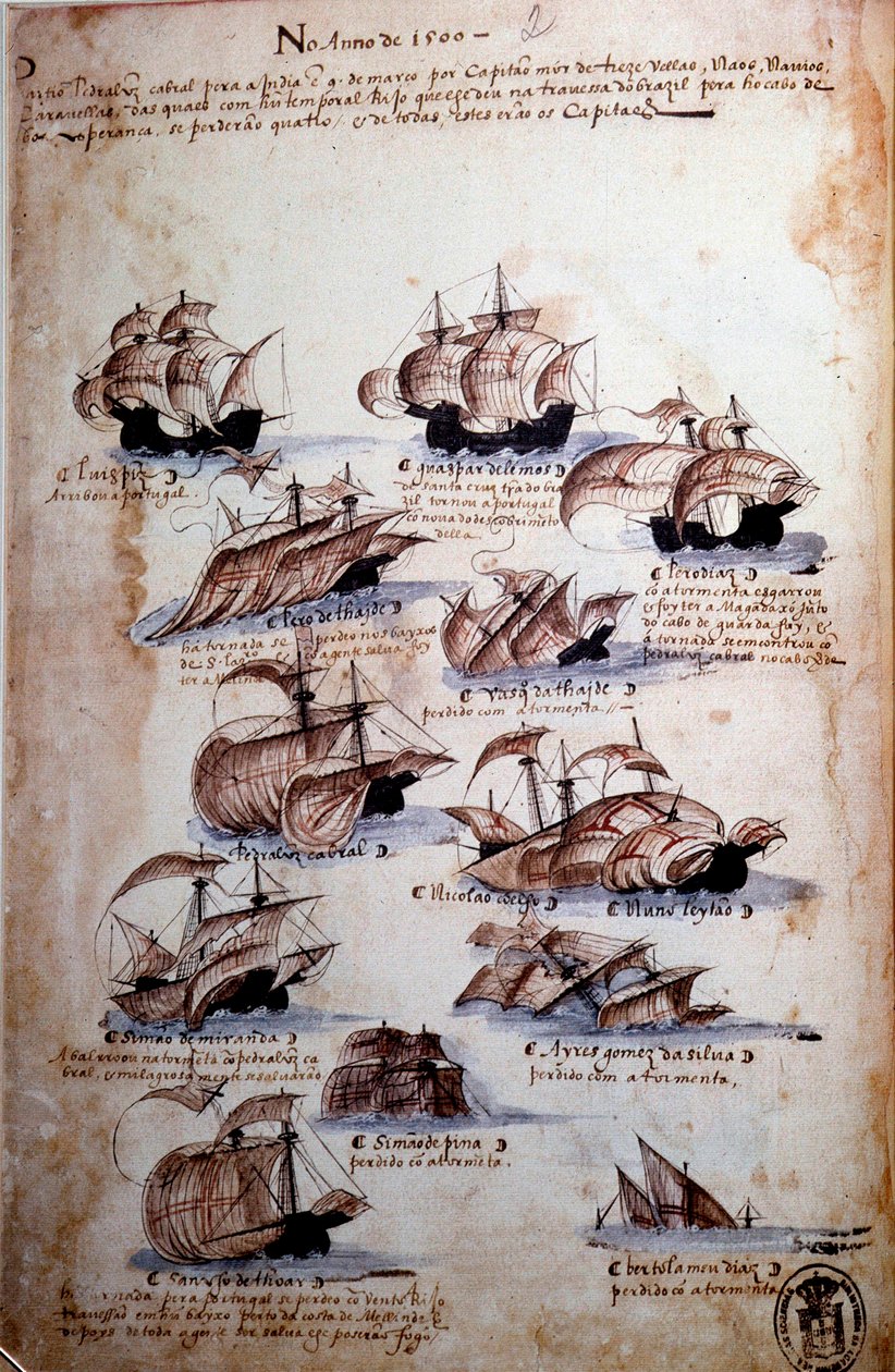 Rukopisná strana „“ Vzpomínky na portugalskou armádu za krále Manuela I. (1469-1521)“ představující portugalské loďstvo roku 1497. 1500 Lisabon, Národní muzeum antického umění od Portuguese School