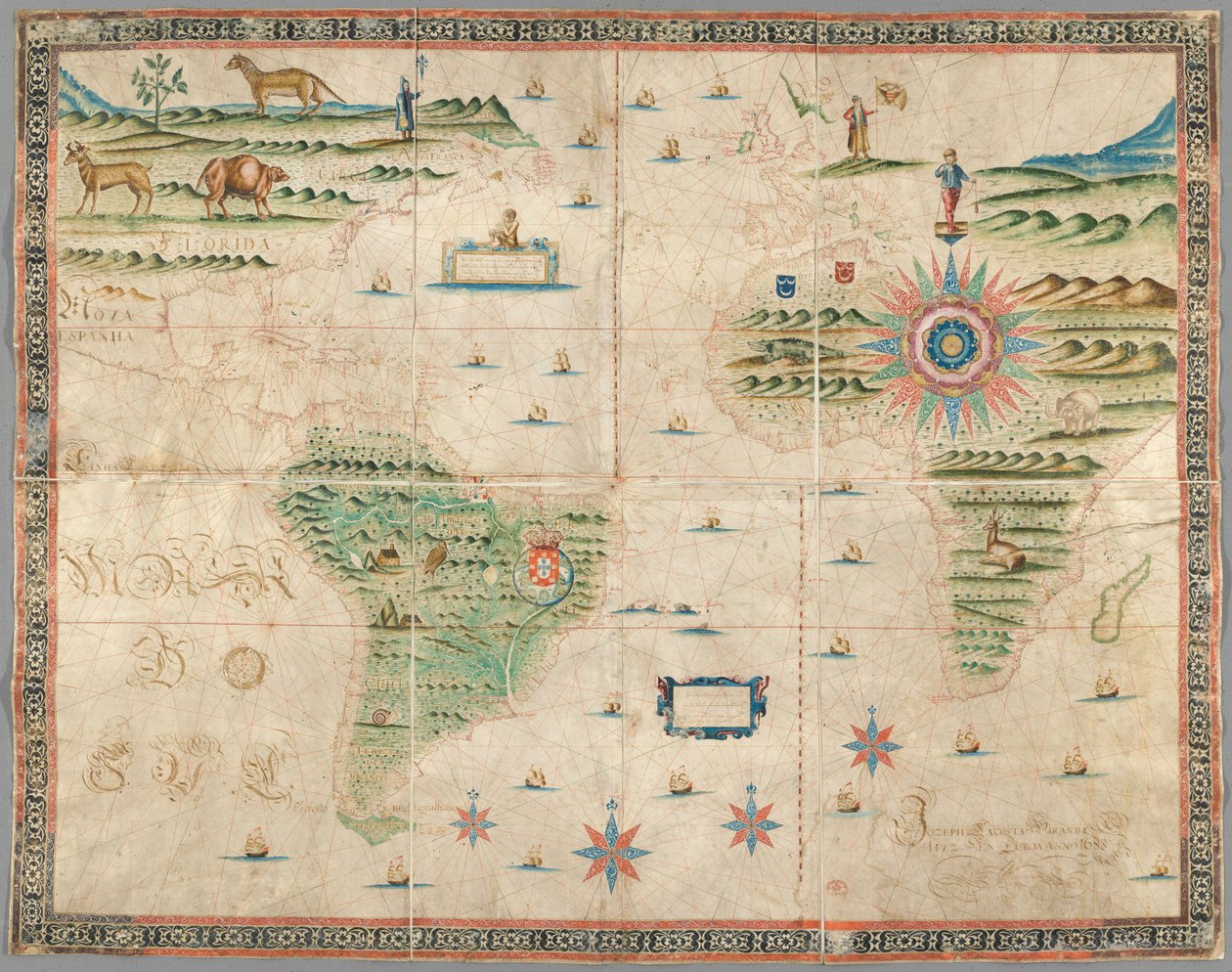 Mapa západní Evropy, Afriky a Ameriky, s kresbami hor, zvířat atd. Joseph da Costa e Miranda od Portuguese School