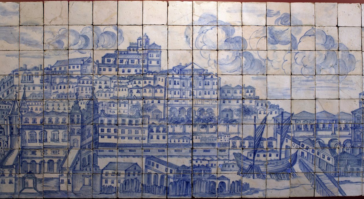 Panoramatický pohled na Lisabon, před zemětřesením 1755 - Azulejos začátek 18. století, panelová výstraha před bývalým palácem hrabat Tentugal, Lisabon (Velké panorama Lisabonu před zemětřesením 1755, fajáns počátek 18. století, starobylý palác od Portuguese School