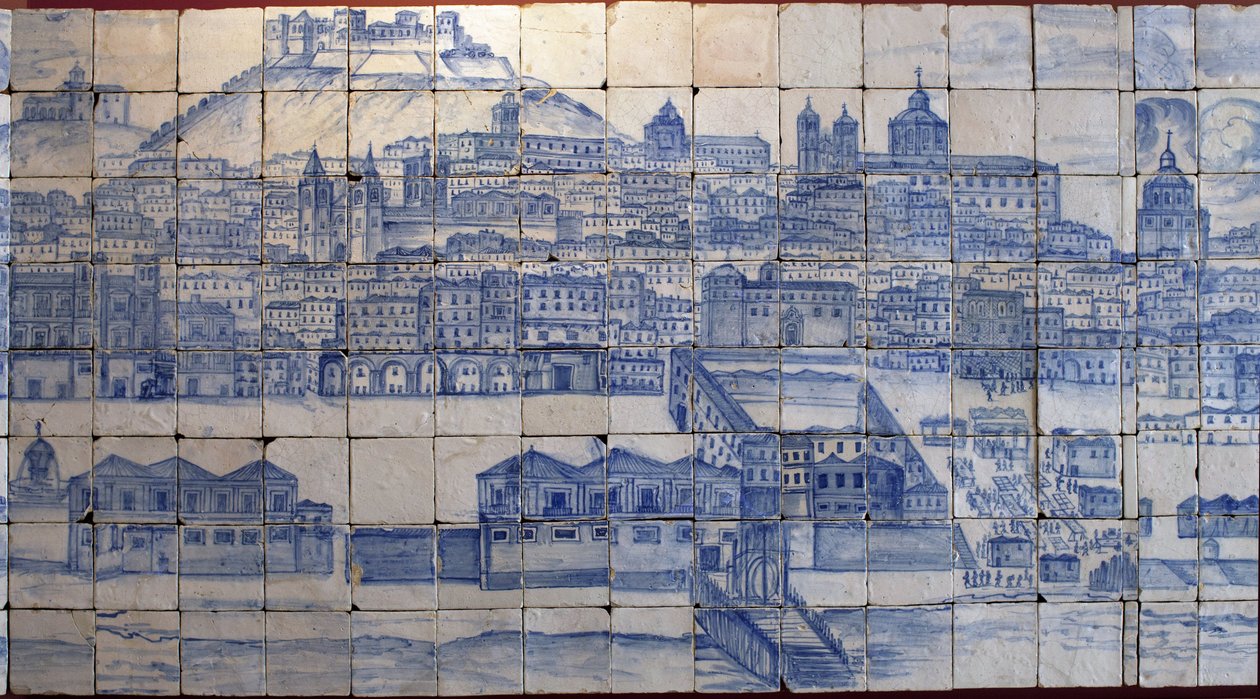 Panoramatický pohled na Lisabon, před zemětřesením 1755 - Azulejos začátek 18. století, panelová výstraha před bývalým palácem hrabat Tentugal, Lisabon (Velké panorama Lisabonu před zemětřesením 1755, fajáns počátek 18. století, starobylý palác od Portuguese School
