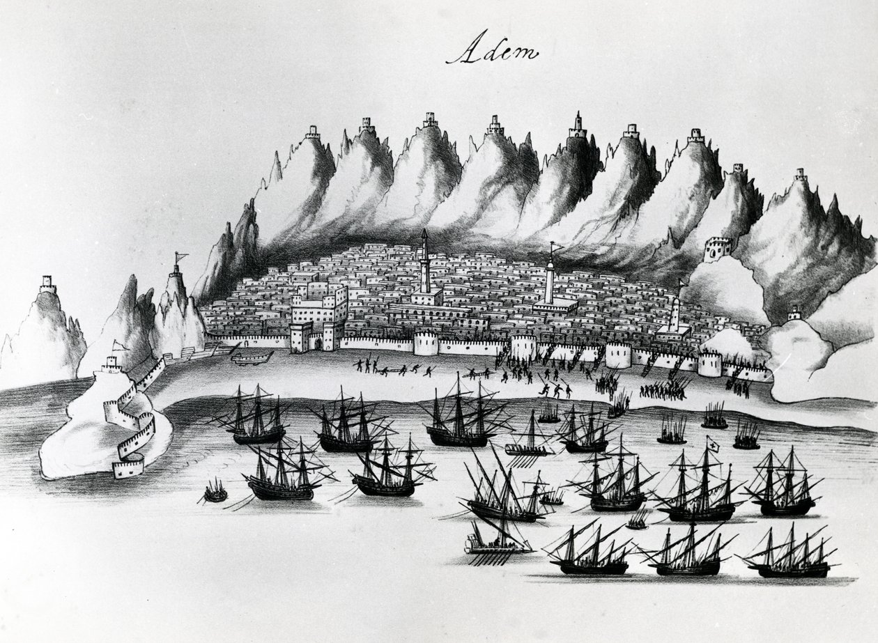 Portugalský útok na Aden, ilustrace z Legends of India od Gaspara Correi, kolem roku 1858 od Portuguese School