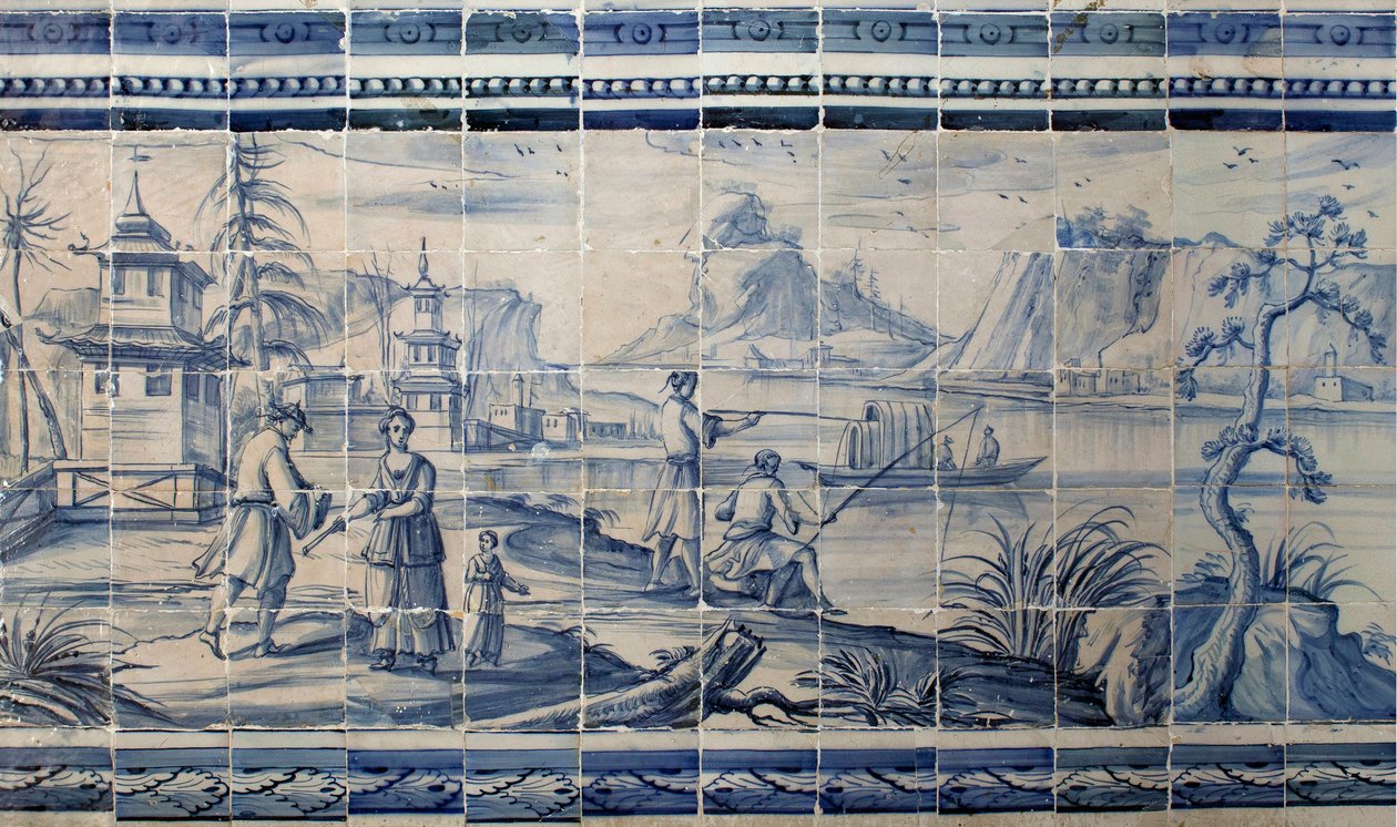 Scéna na břehu jezera v Asii - Azulejos, malovaná fajáns od Portuguese School