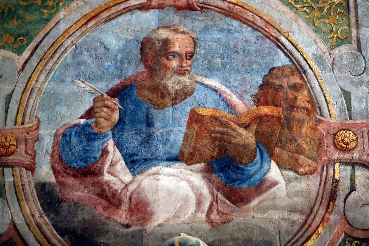 Klášter Kristův. Interiér kulatého kostela zdobený pozdně gotickou malbou a plastikou. Svatý Marek evangelista. Tomar. Portugalsko. od Portuguese School