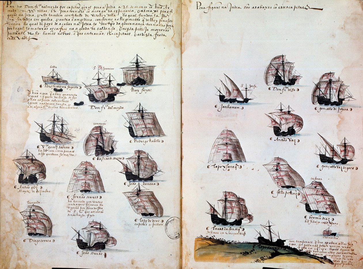 válečné lodě. Vzpomínky na armádu Portugalska za krále Manuela I. (1469 - 1521). Rukopis z roku 1505. Paříž. BN od Portuguese School