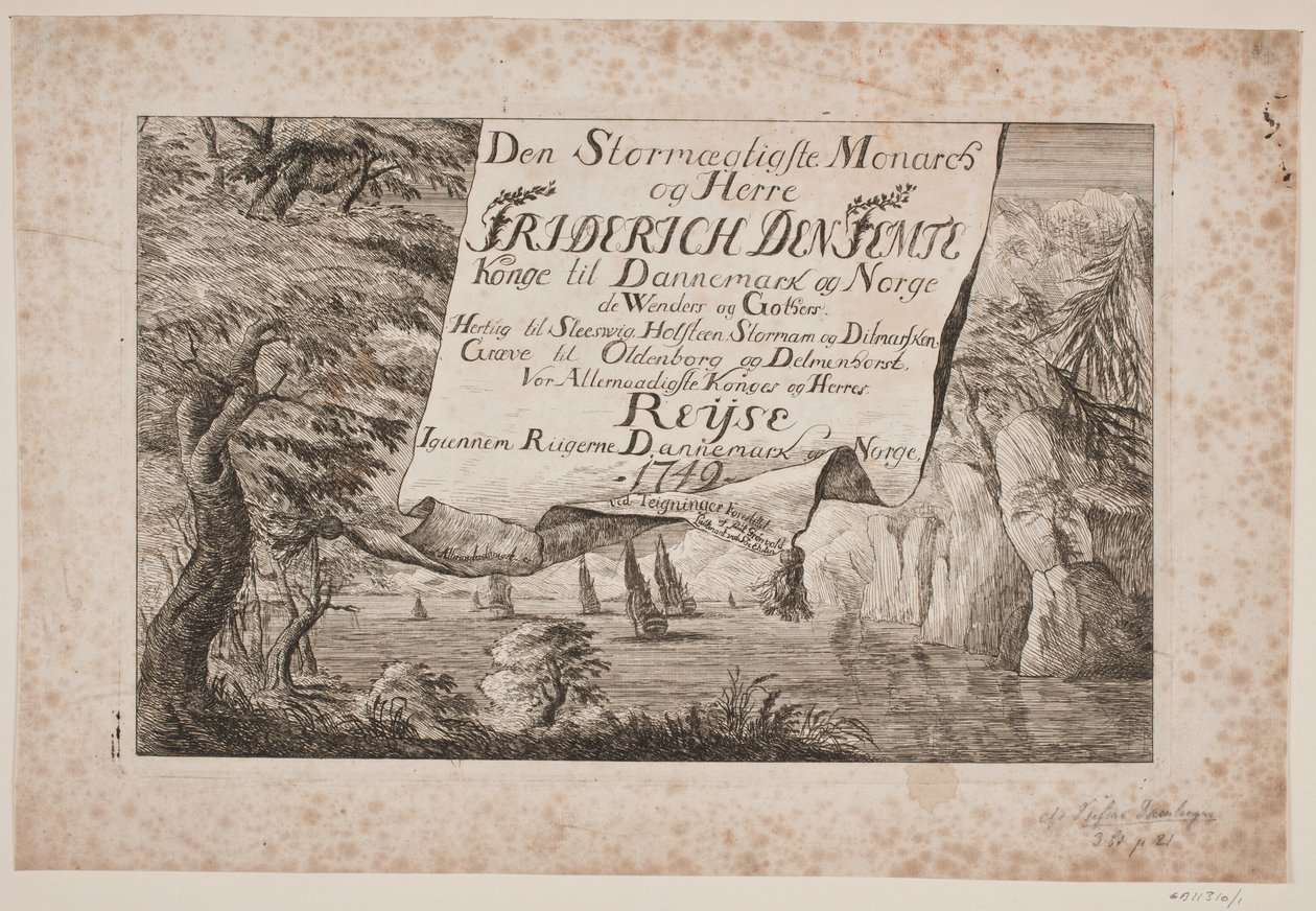 Titulní strana k cestě krále Frederika V. Dánskem a Norskem 1749 od Poul Isac Grønvold
