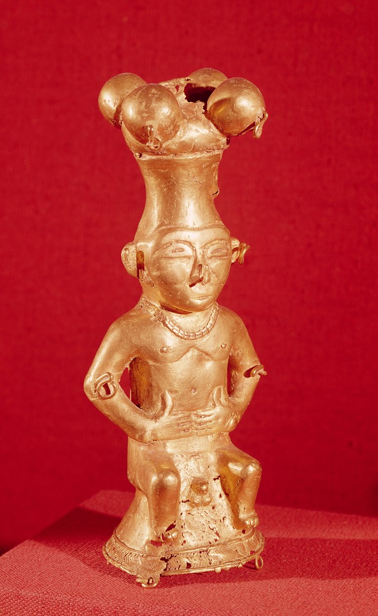 Nádoba Quimbaya v podobě sedícího muže z Kolumbie (zlato) od Pre Columbian