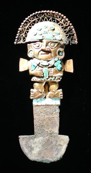 Tumi nebo obřadní nůž ve tvaru Naylamp, Chimu (zlato a polodrahokamy) od Pre Columbian Pre Columbian