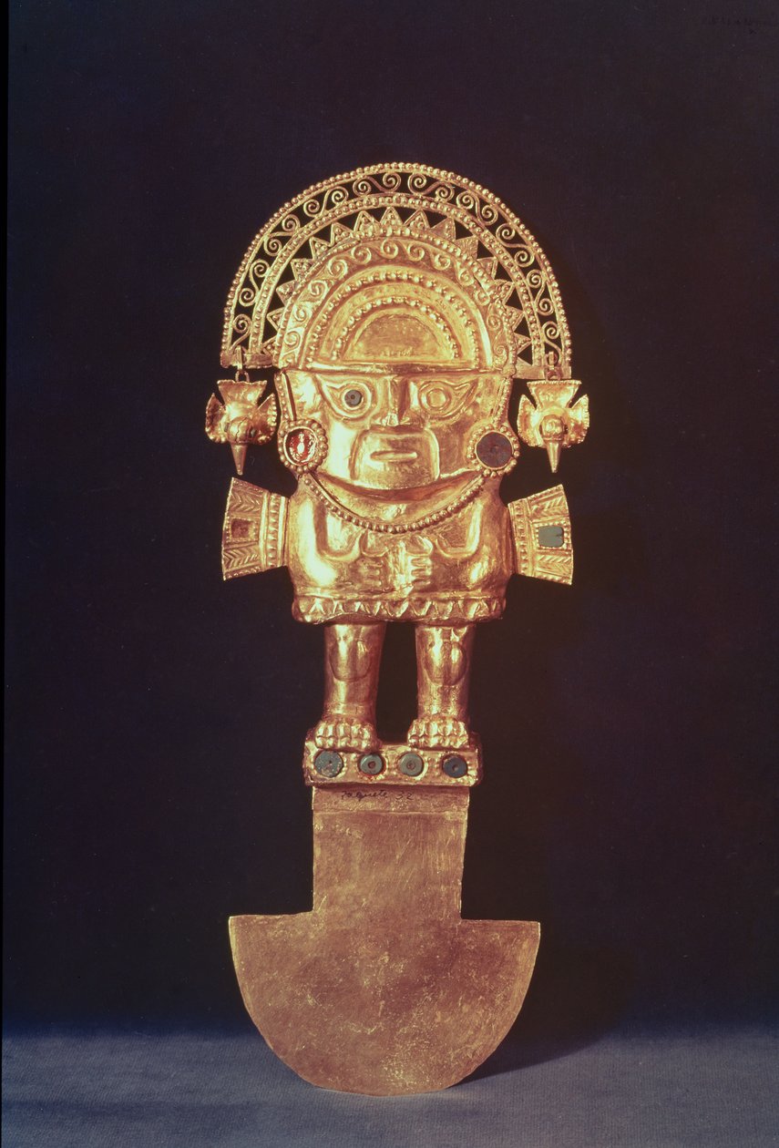 Tumi nebo obřadní nůž ve tvaru Naylampa, Chimu (zlato a polodrahokamy) od Pre Columbian
