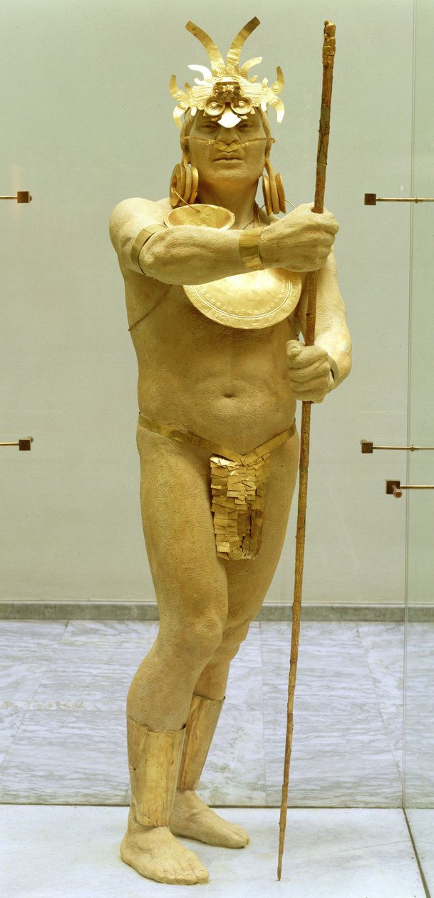 Válečník nosí zlaté ozdoby (zlato) od Pre Columbian