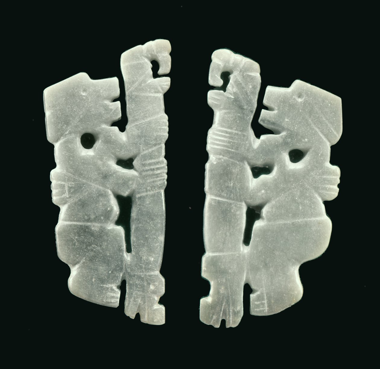 Dvojice postav s hůlkou, z Guacimo, oblast Linea Vieja (průsvitný modrozelený nefrit) od Pre Columbian Pre Columbian