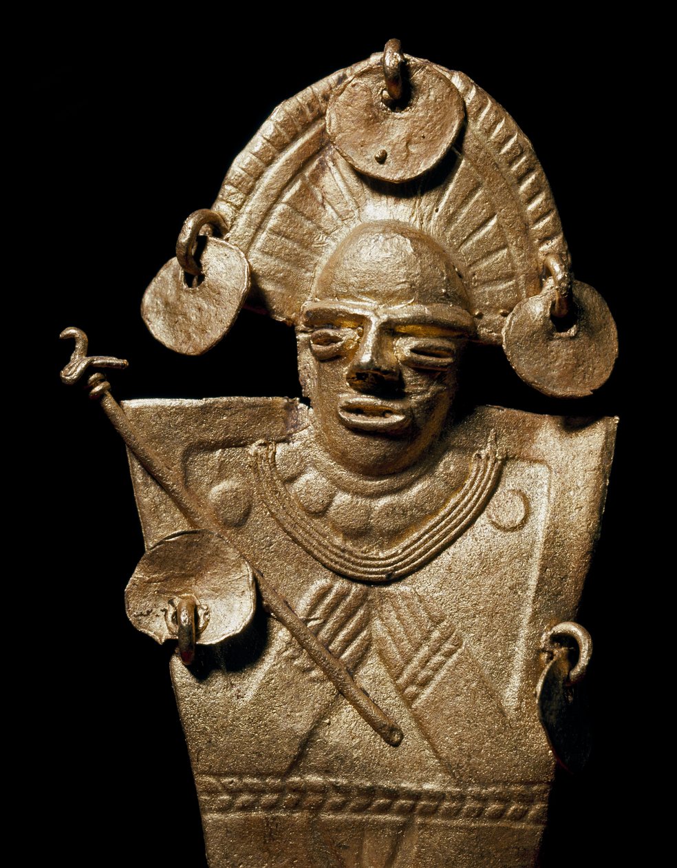 Předkolumbijské umění, civilizace Muisca: soška ženy (Tunjo) ve zlatém slavnostním kostýmu. 15.-17. století. Bogota, Museo de Oro, Kolumbie – předkolumbovské umění, kultura Muisca (15.–17. n. l.): zlatá socha tunja, ženy ve slavnostním kostýmu od Pre Columbian