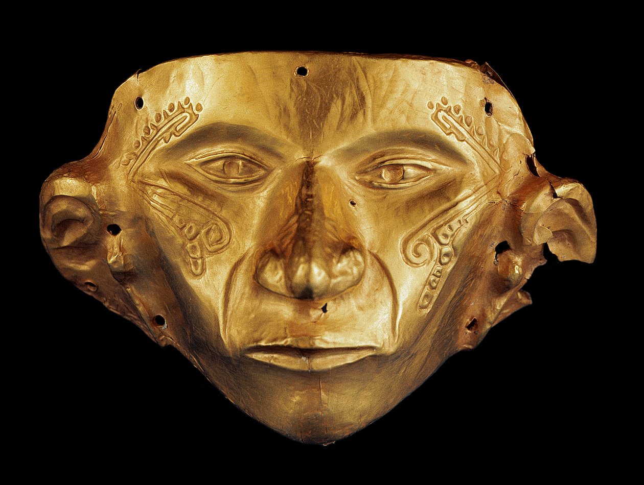 Předkolumbovská maska z archeologického parku Tierradentro, Alto de San Andres v Kolumbii (zlato) od Pre Columbian Pre Columbian