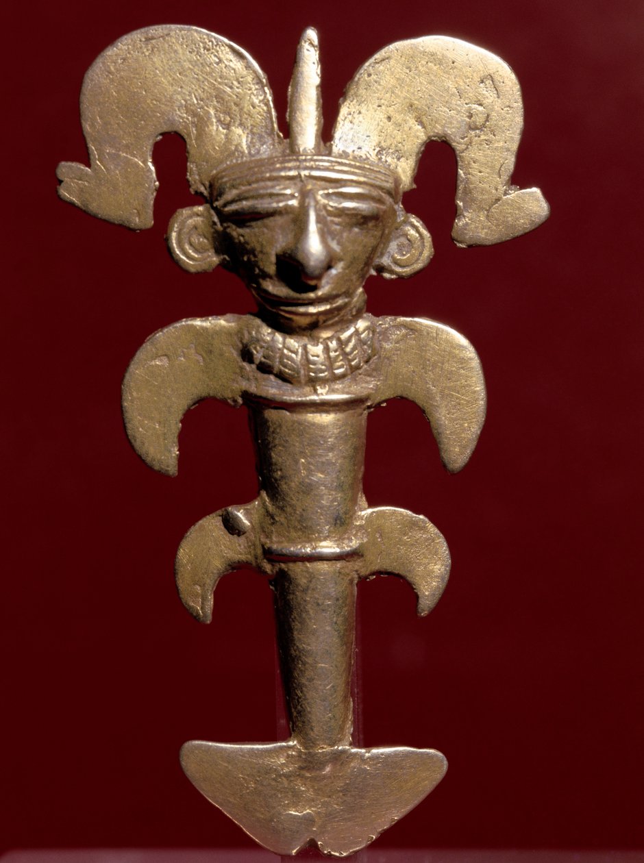 Předkolumbovské umění, civilizace Quimbaya (Kolumbie): antropomorfní přívěsek ve zlatě. 400-1400 našeho letopočtu. Bogota, Museo de Oro, Kolumbie od Pre Columbian Pre Columbian
